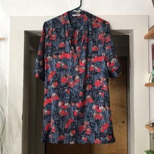 Silk blue and red print dress by Tucker